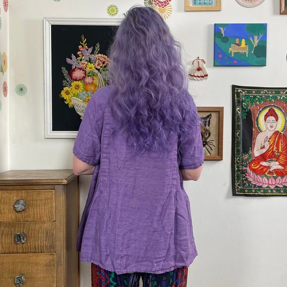 Flax (Jeanne Engelhart) Purple Linen Blouse, Swingy Short Sleeve Lavender Top L - Picture 3 of 10